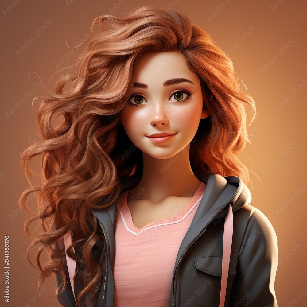 Charming 3D Cartoon Portrait of Smiling Young Woman with Long Brown Hair: Elegant Female Character on Light Background for Creative Marketing and Web Design. Minimalist Composition with Stylish Gradie Charming 3D Cartoon Portrait of Smiling Young Woman with Long Brown Hair: Elegant Female Character on Light Background for Creative Marketing and Web Design. Minimalist Composition with Stylish Gradie