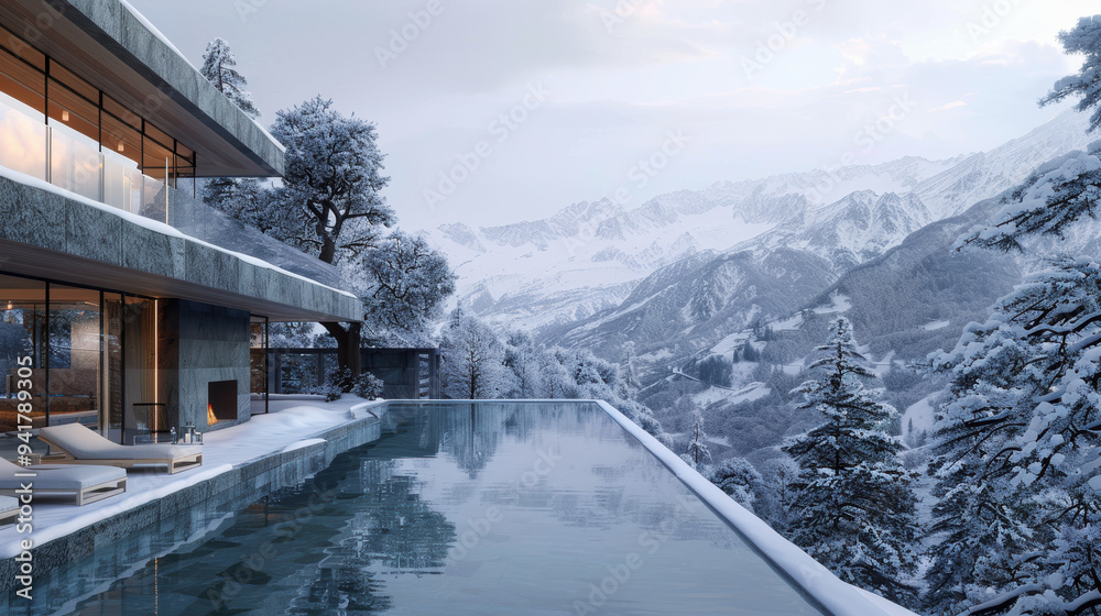 A stunning modern house with large glass windows overlooks a serene, snow-covered mountainous landscape with a peaceful, mirrored infinity pool in the foreground. A stunning modern house with large glass windows overlooks a serene, snow-covered mountainous landscape with a peaceful, mirrored infinity pool in the foreground.