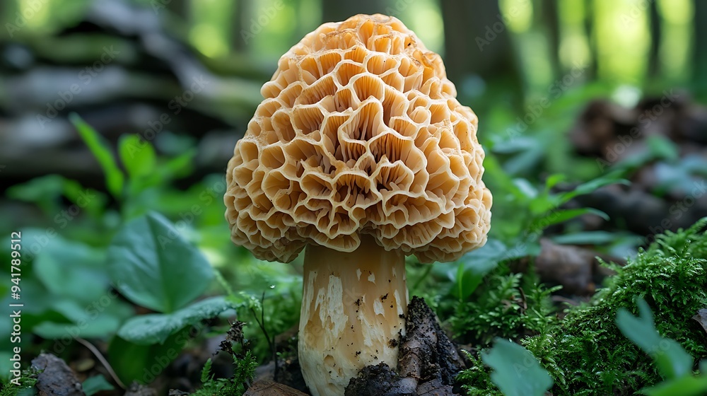 A close-up shot of a single morel mushroom growing in a forest. The mushroom is light brown with a honeycomb-like texture. A close-up shot of a single morel mushroom growing in a forest. The mushroom is light brown with a honeycomb-like texture.