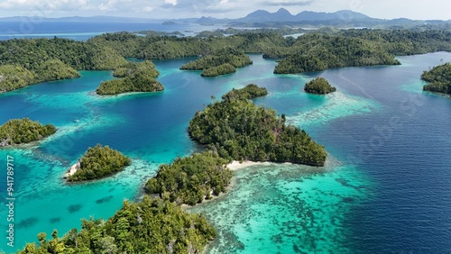 Aerial View of the Thousand Islands in the Togean National Park, Central Sulawesi, Indonesia. Similar to Piyanemo view in Raja Ampat. 