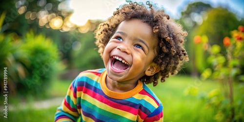 Joyful Expression: Mixed-race child laughing, playful mood, bright colors, happiness concept
