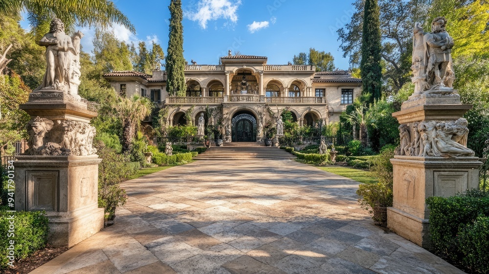 Obraz premium Opulent European mansion with a grandiose copy floor and a driveway lined with ancient statues.