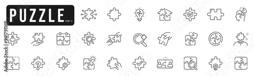 Set of puzzle line icons set 2. Jigsaw, solution, solve, piece, idea, team etc. Editable stroke