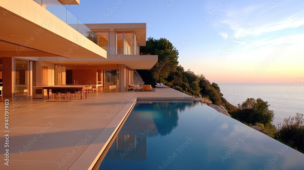 Fototapeta premium Stylish European beach house with a sleek copy floor and an infinity pool blending into the horizon.