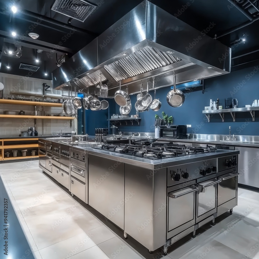 Sleek Stainless Steel Kitchen A lowangle perspective of a gleaming commercial kitchen featuring hanging pots a gas stove and ovens The composition emphasizes the clean lines and Sleek Stainless Steel Kitchen A lowangle perspective of a gleaming commercial kitchen featuring hanging pots a gas stove and ovens The composition emphasizes the clean lines and