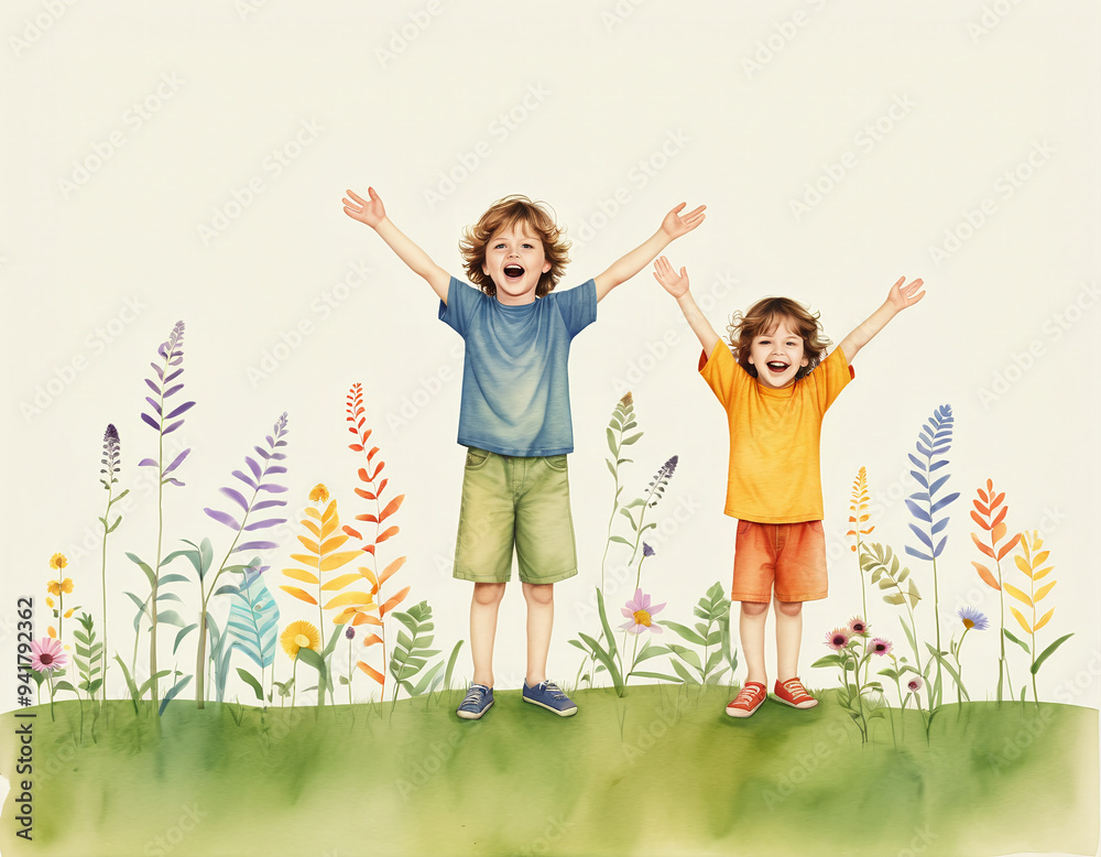 Illustrative depiction of a happy child or children raising their hands in joy against a colorful background in a drawn style Illustrative depiction of a happy child or children raising their hands in joy against a colorful background in a drawn style