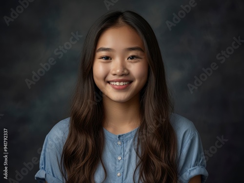 Positive Asian teenager with long wavy hair, smiling on a solid backdrop 