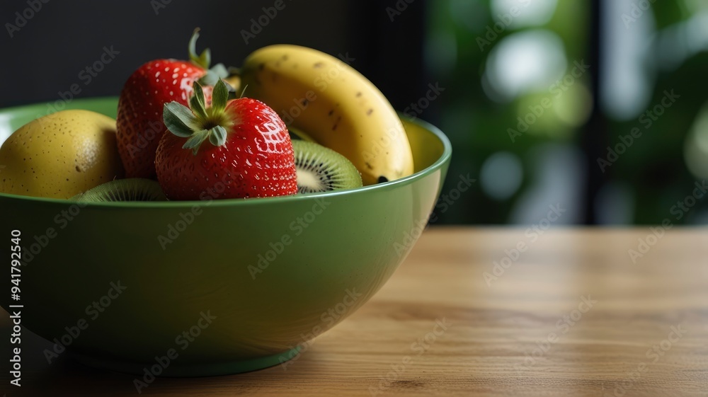 fruit salad in a bowl Realistic fruit bowl with strawberry, apple, sliced kiwi, banana, and green leaves, glossy green modern bowl fruit salad in a bowl Realistic fruit bowl with strawberry, apple, sliced kiwi, banana, and green leaves, glossy green modern bowl