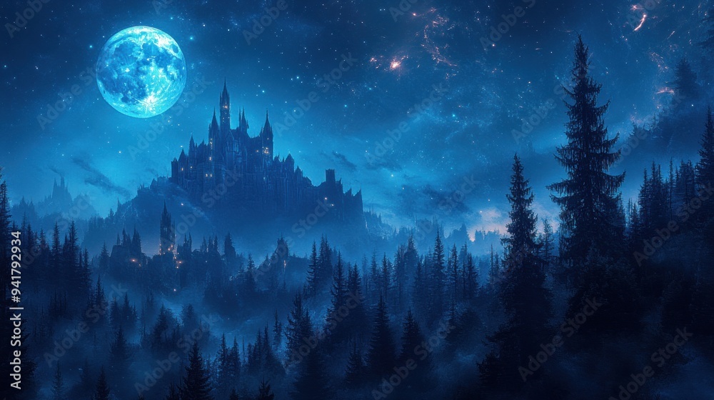 Naklejka premium A Silhouetted Castle Under a Blue Moon and Starry Night