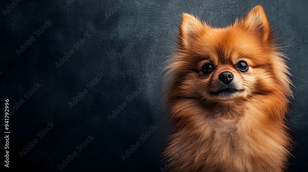 Adorable Pomeranian pup with a chic stylish haircut posing confidently for a professional portrait photograph on a clean white background with ample copy space for text or design elements Adorable Pomeranian pup with a chic stylish haircut posing confidently for a professional portrait photograph on a clean white background with ample copy space for text or design elements