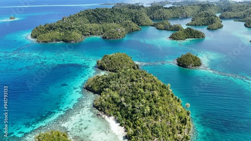 Aerial View of the Thousand Islands in the Togean National Park, Central Sulawesi, Indonesia. Similar to Piyanemo view in Raja Ampat. 