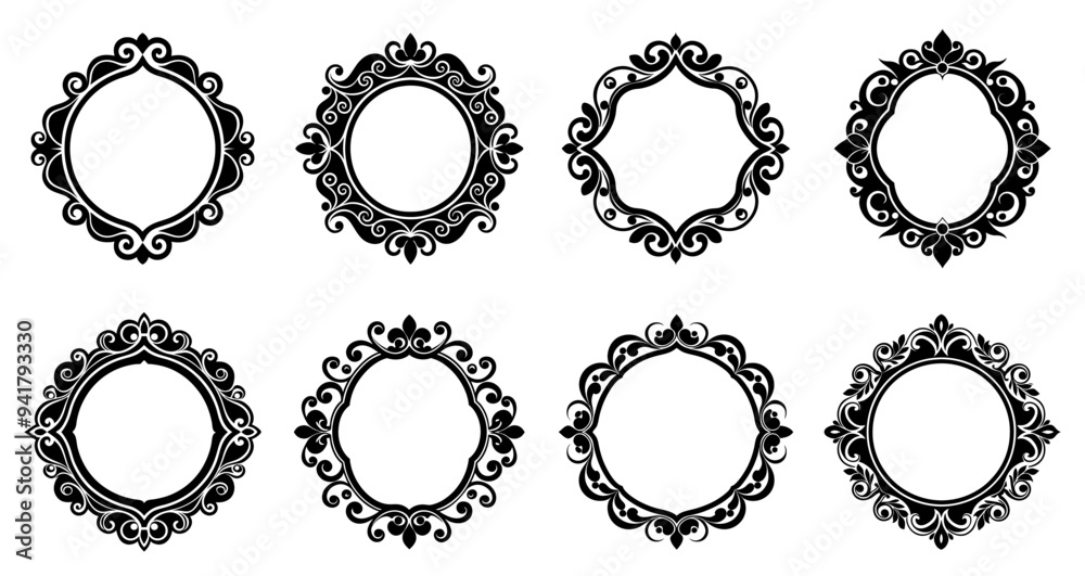 Obraz premium Set of abstract round frames. Various black ornate frame isolated on white background. Vector illustration