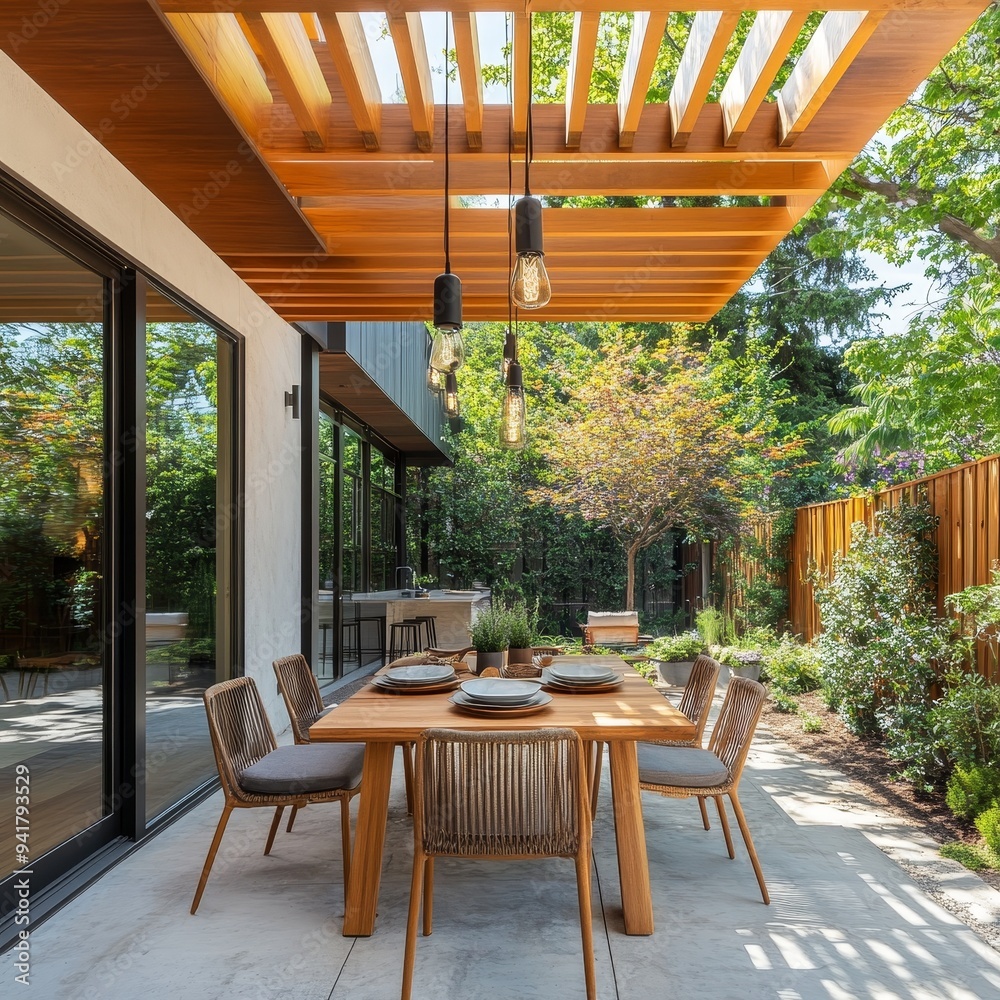Fototapeta premium Sunlight Streams Through a Wooden Pergola onto a Patio Table Set with a View of Lush Greenery