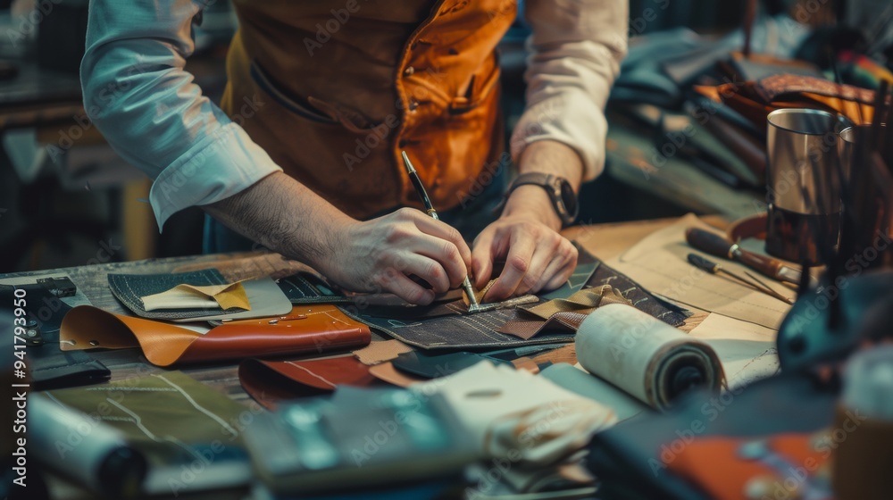 Fototapeta premium Craftsman working on leather goods in a workshop filled with tools and colorful materials during the morning light