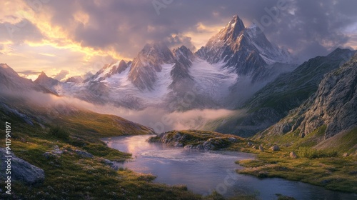 Majestic Mountain Peak with River and Sunset Clouds.