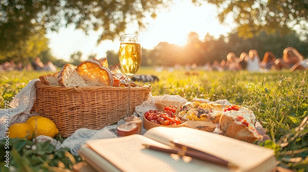 Summer picnic scene featuring a wicker basket filled with delicious food, an open book resting nearby, surrounded by lush greenery and a tranquil park atmosphere. Summer picnic scene featuring a wicker basket filled with delicious food, an open book resting nearby, surrounded by lush greenery and a tranquil park atmosphere.