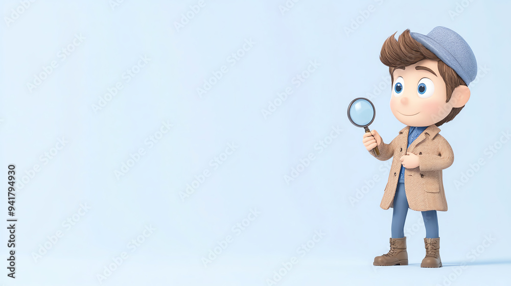 A cartoon boy detective holding a magnifying glass, ready for an adventure in a light blue setting. Perfect for kids' themes. A cartoon boy detective holding a magnifying glass, ready for an adventure in a light blue setting. Perfect for kids' themes.