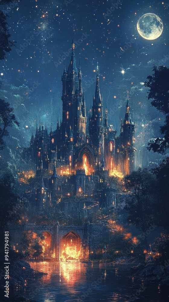 Naklejka premium A Majestic Stone Castle Illuminated by Moonlight and Lanterns