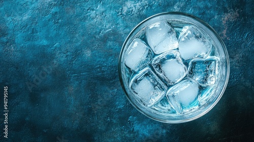 Top view of a glass of Greek ouzo with ice and water, with ample copy space. photo