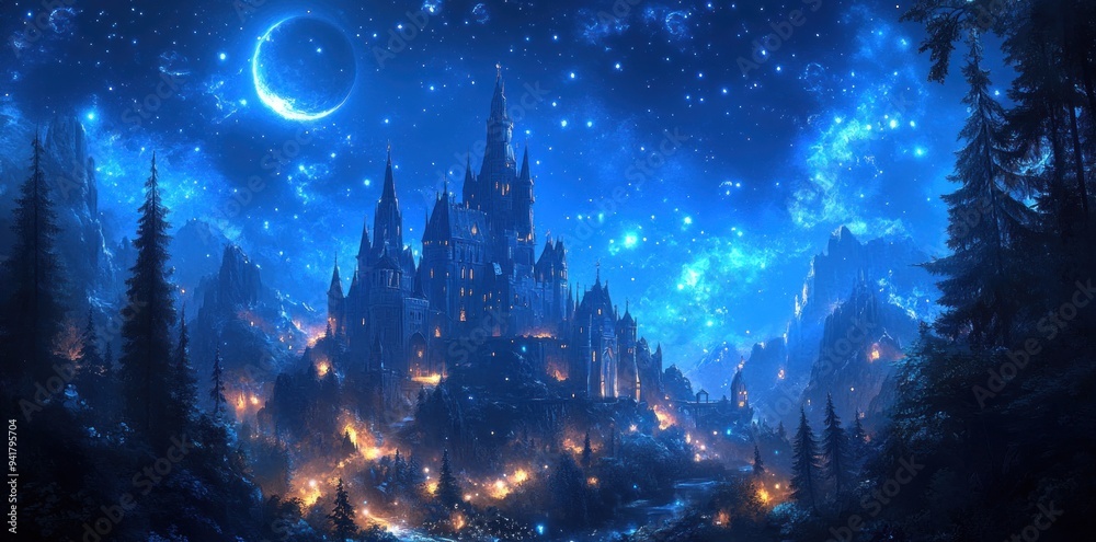 Naklejka premium A Majestic Castle Under a Starry Night Sky