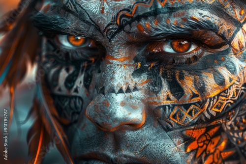 A figure embodies an Aboriginal mythological god, adorned with intricate tattoos and mesmerizing eyes, reflecting the spirit of ancient folklore in a captivating blend of light and shadow photo