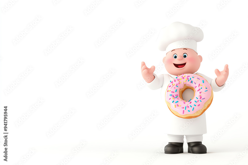A cheerful cartoon chef holding a donut with colorful sprinkles, perfect for bakery themes and culinary illustrations. A cheerful cartoon chef holding a donut with colorful sprinkles, perfect for bakery themes and culinary illustrations.