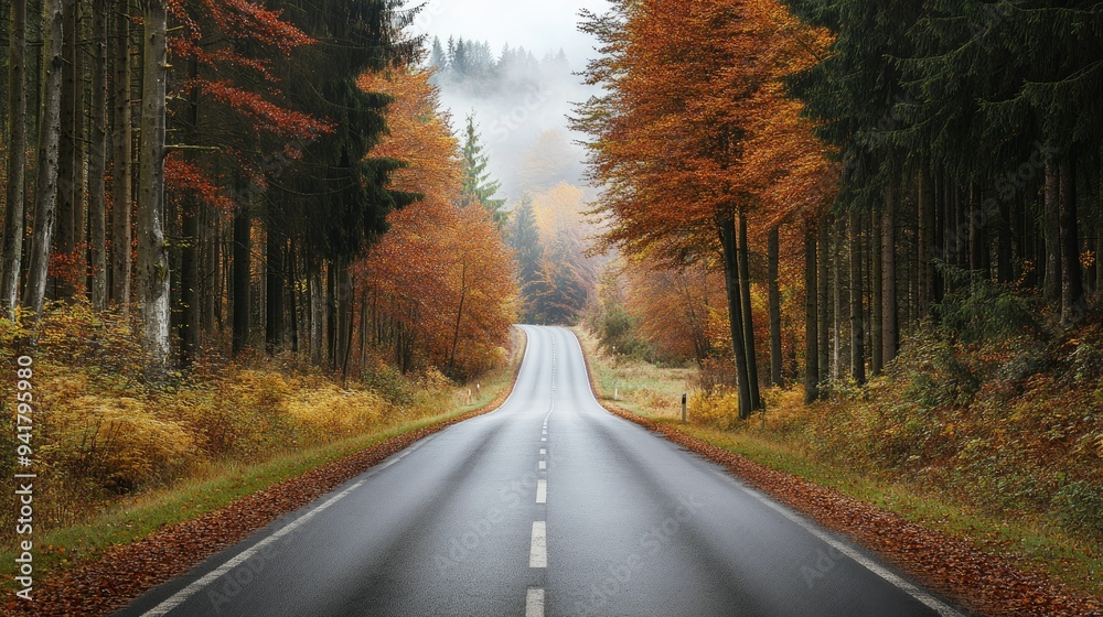 Fototapeta premium A picturesque road lined with autumn trees in the Black Forest, Germany, with space for your message