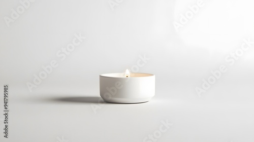 Minimalist Candle: A small, plain white candle in a minimalist holder, centered on a white background, with a faint shadow for depth. 