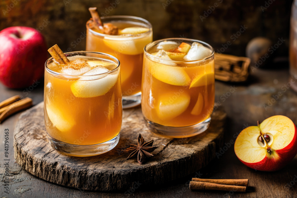 Apple cider cocktail with fall spices on the rustic background Apple cider cocktail with fall spices on the rustic background