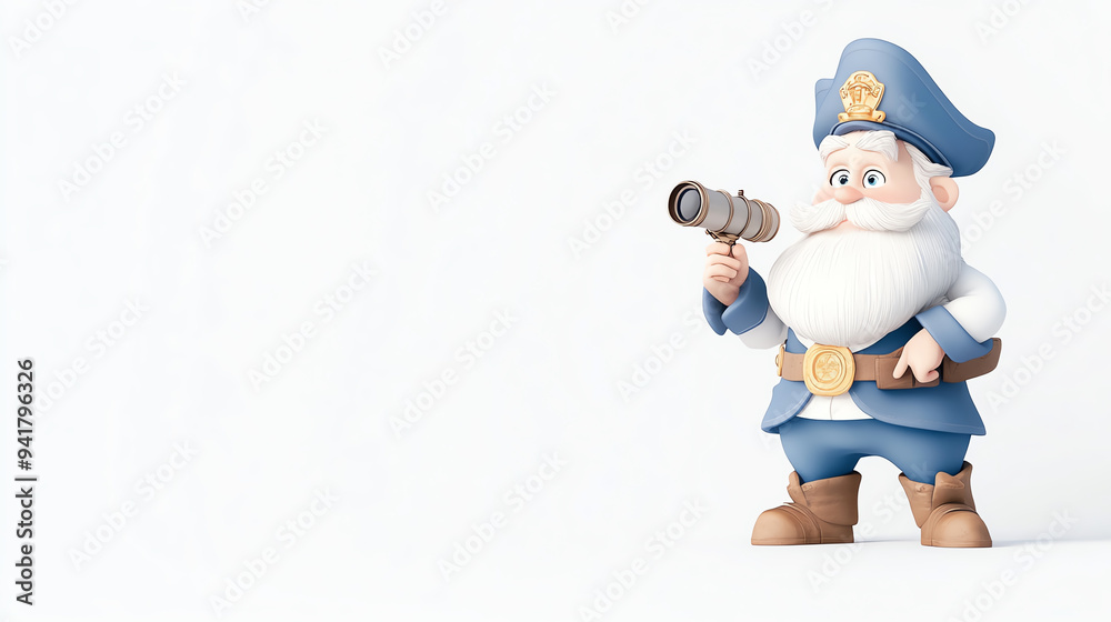 A cheerful cartoon police officer with a white beard and blue uniform, holding a telescope and smiling on a simple background. A cheerful cartoon police officer with a white beard and blue uniform, holding a telescope and smiling on a simple background.
