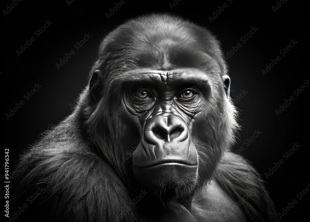 Fototapeta premium Lucid Shadow - Monochromatic silhouette, gorilla emerging from darkness, mysterious and contemplative