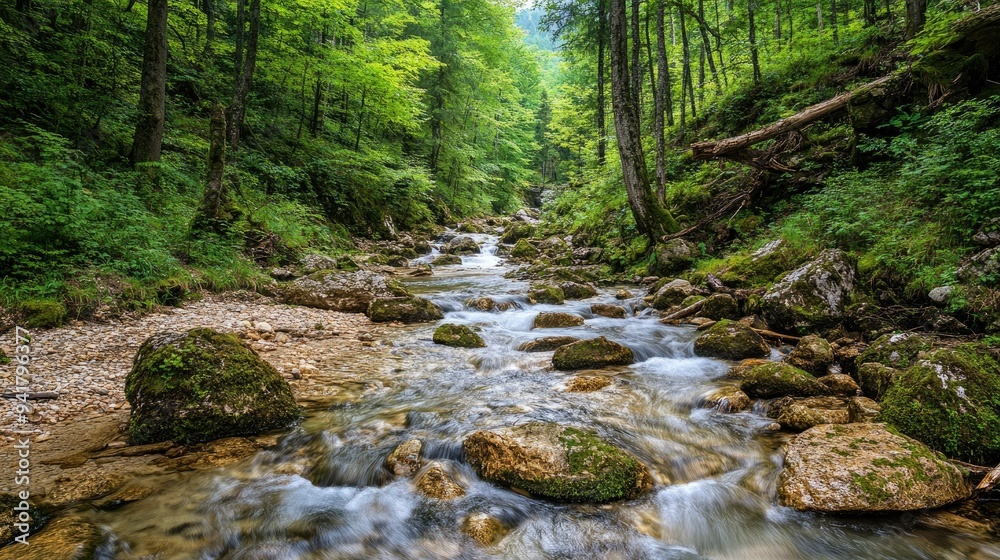 A picturesque stream in the Julian Alps, Slovenia, surrounded by dense forest with clear space for your message A picturesque stream in the Julian Alps, Slovenia, surrounded by dense forest with clear space for your message