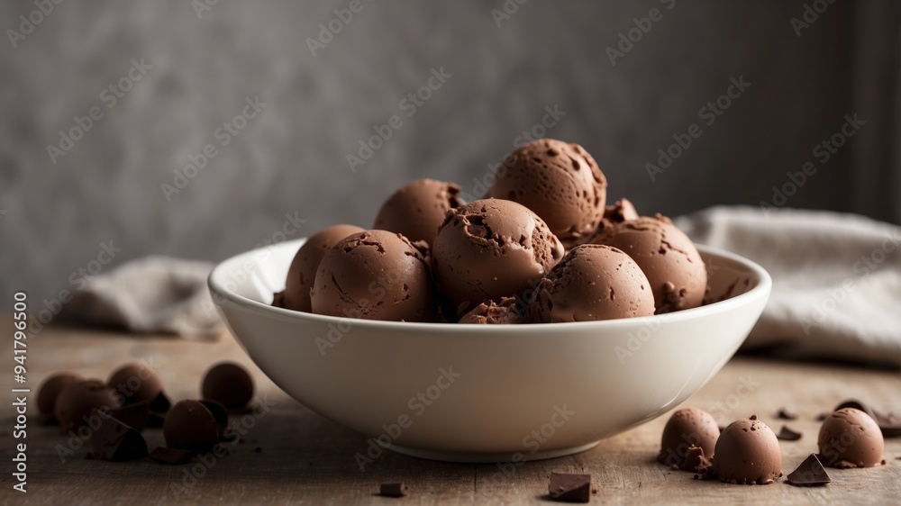 Chocolate ice cream scoops in a ceramic bowl. Chocolate ice cream scoops in a ceramic bowl.