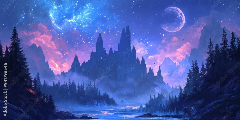 Fototapeta premium A Majestic Castle Nestled in a Fantasy Mountain Range Under a Starry Sky