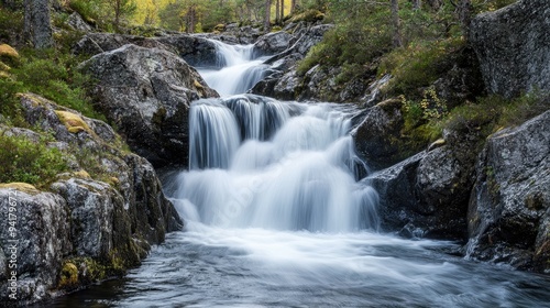 A picturesque waterfall flowing through a rocky landscape in Norway, with plenty of room for text