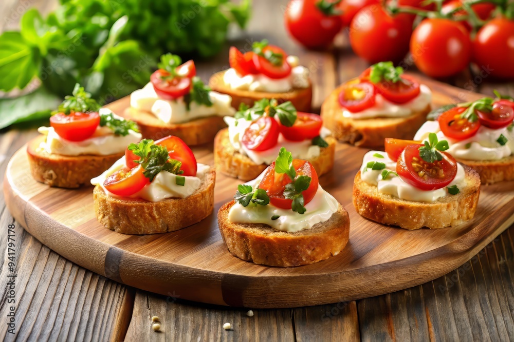 Fresh bruschetta with ripe tomatoes and basil on a rustic white plate, a delicious appetizer or light meal Fresh bruschetta with ripe tomatoes and basil on a rustic white plate, a delicious appetizer or light meal