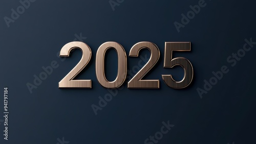 Modern 2025 sign in gold on a dark navy background for New Year.