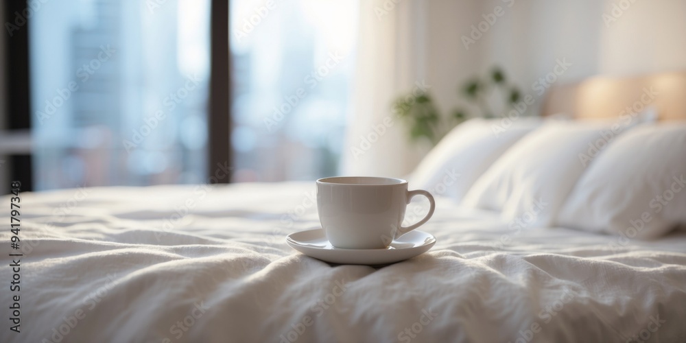 A white blanket covers the white bed Nearby, a table holds a cup of coffee. A white blanket covers the white bed Nearby, a table holds a cup of coffee.