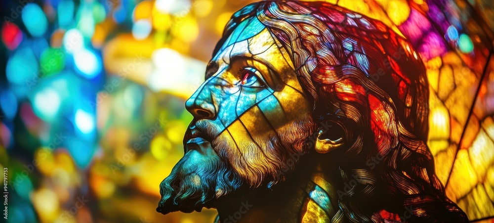 Stained glass window featuring Jesus Christ Stained glass window featuring Jesus Christ
