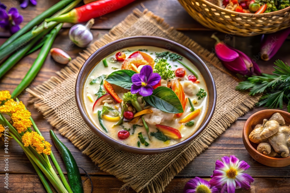 A bird's-eye view of a vibrant and colorful Tom Kha Gai, garnished with edible flowers, crispy fried onions, and fresh herbs A bird's-eye view of a vibrant and colorful Tom Kha Gai, garnished with edible flowers, crispy fried onions, and fresh herbs