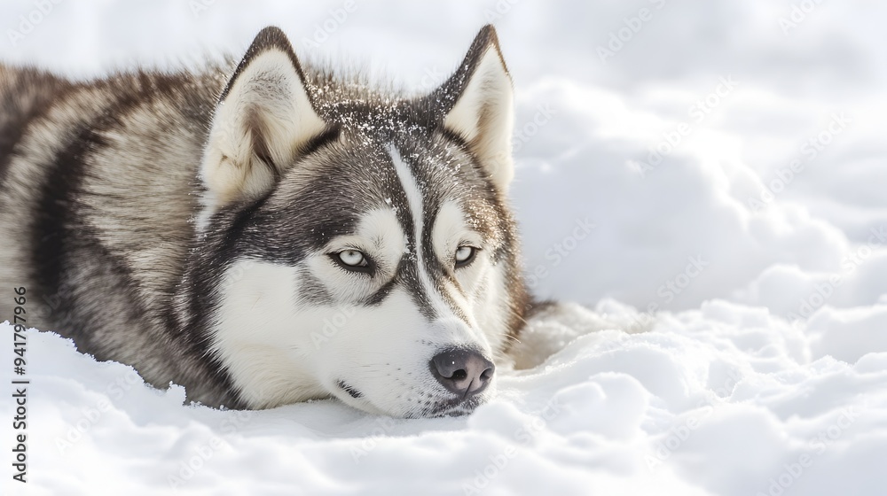 Siberian Husky Lying Down Peacefully in Snowy Outdoor Landscape with Ample Copy Space for Text Overlay or Branding Siberian Husky Lying Down Peacefully in Snowy Outdoor Landscape with Ample Copy Space for Text Overlay or Branding