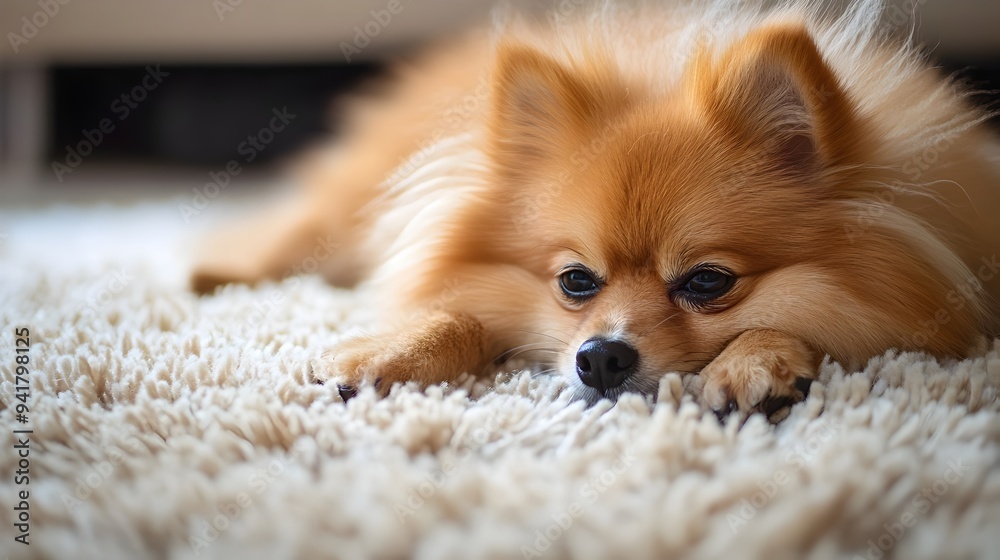 Fluffy and Cute Pomeranian Dog Resting Peacefully on a Soft Plush Rug in a Cozy and Calm Indoor Home Setting with Copy Space Available Fluffy and Cute Pomeranian Dog Resting Peacefully on a Soft Plush Rug in a Cozy and Calm Indoor Home Setting with Copy Space Available