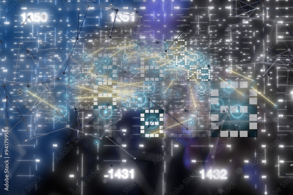 Neural network 3D illustration. Big data and cybersecurity