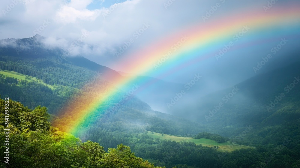 A rainbow appearing over a misty valley, with clear space for your message in the background A rainbow appearing over a misty valley, with clear space for your message in the background
