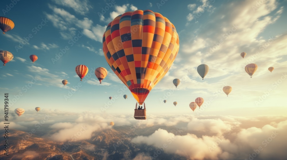 Fototapeta premium Colorful hot air balloons flying over mountain. Neural network ai generated art