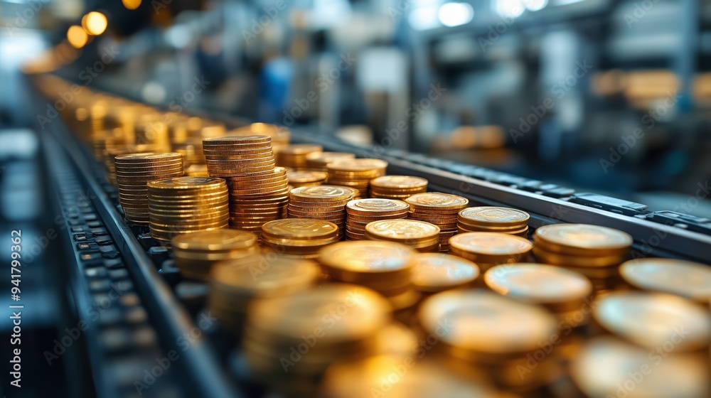 A close-up view of golden coins stacked on a conveyor belt at a mint factory. A close-up view of golden coins stacked on a conveyor belt at a mint factory.
