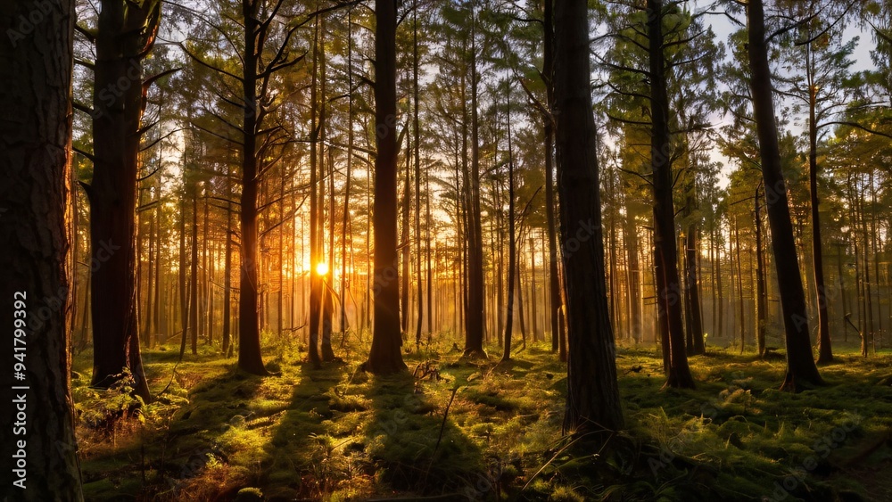 Obraz premium Warm Sunset Filtering Through Forest Trees