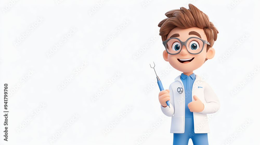 Cheerful cartoon dentist holding an instrument, ready to promote dental health with a friendly smile and professional appearance.