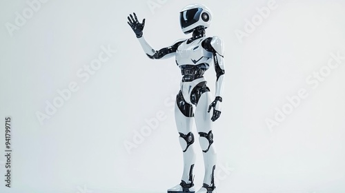 A full-body android robot standing with one hand on its hip, the other holding a futuristic tablet, isolated on a bright background