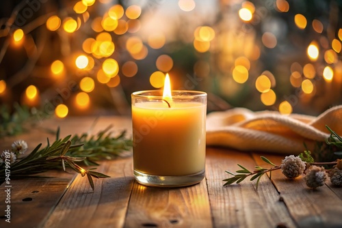 A serene, warm-lit candle casting a gentle glow on a peaceful, clutter-free space, evoking feelings of solace, contemplation, and connection with a higher power. photo